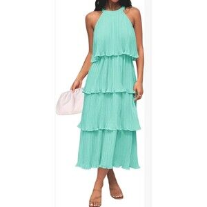 ZESICA Aqua Pleated Tiered Halter Midi Dress Women’s Size L Flowy Chiffon Ruffle